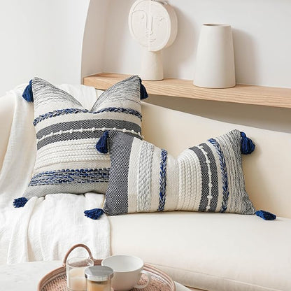 BlissBlush Navy Dark Blue Decorative Throw Pillow Cover 18x18 Square Boho Accent Pillowcase Tassels Farmhouse Cushion for Couch Sofa Bedroom Living Room Home Décor Cover ONLY