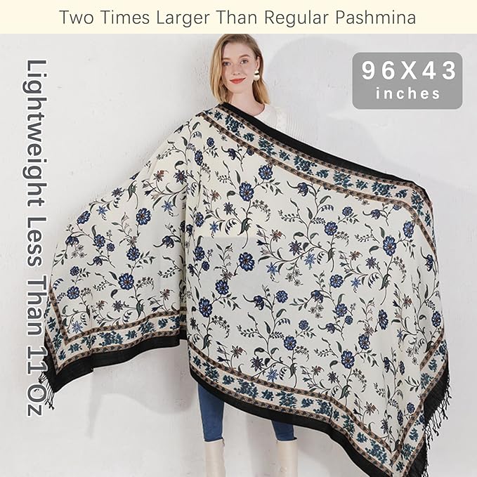 DANA XU 100% Merino Wool Pashmina Shawl for Women 96"x43", Oversized Cashmere Wrap with Tassels, Floral Travel Blanket Cape