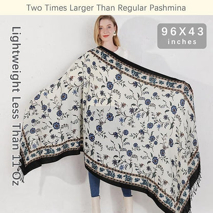 DANA XU 100% Merino Wool Pashmina Shawl for Women 96"x43", Oversized Cashmere Wrap with Tassels, Floral Travel Blanket Cape