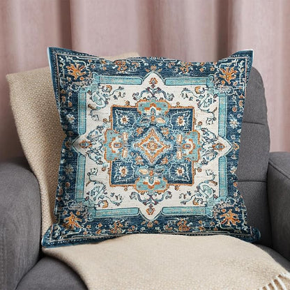 Vintage Boho Floral Print Throw Pillow Cover, Orange, Blue - Retro Rust Floral Decor Pillowcase, Indoor Outdoor Cushion Case for Sofa Couch Bed Living Room Bedroom Home (Blue&White, 18x18inch)