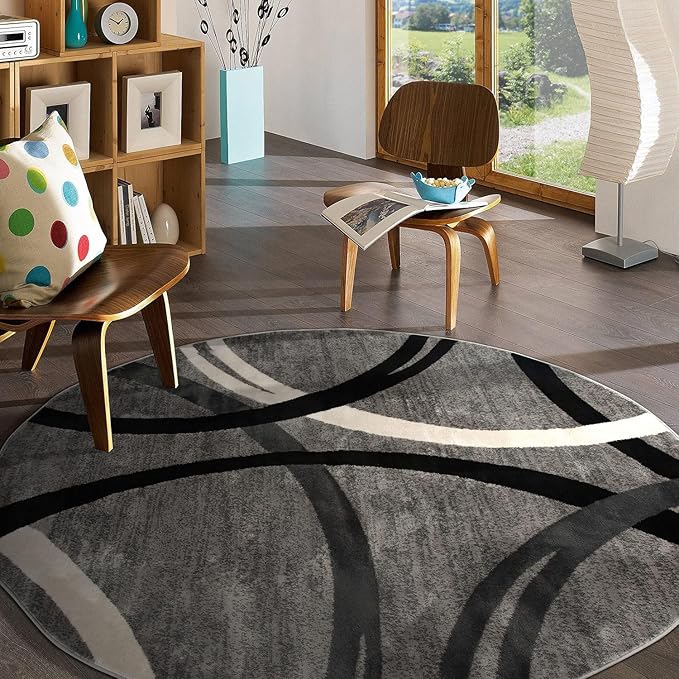 Rugshop Wavy Circles Design Round Rug, Carpet with Jute Backing for Living Room, Office, or Bedroom, Gray, 6'6" Round