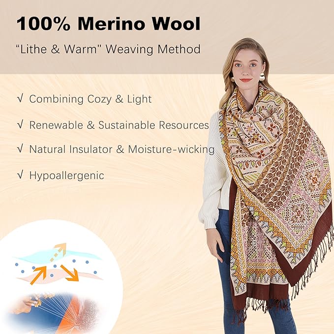 DANA XU 100% Merino Wool Pashmina Shawl for Women 96"x43", Oversized Cashmere Wrap with Tassels, Floral Travel Blanket Cape
