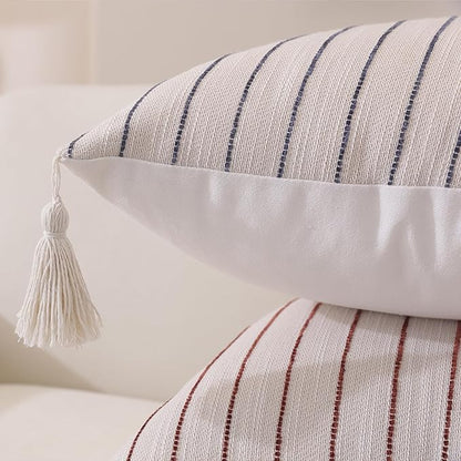 Decorative Boho Throw Pillow Covers 20x12 Inch Set of 2, Textured Linen Striped Lumbar Throw Pillows with Tassels, Soft & Cozy Farmhouse Decor Cushion Covers for Couch Bed Living Room