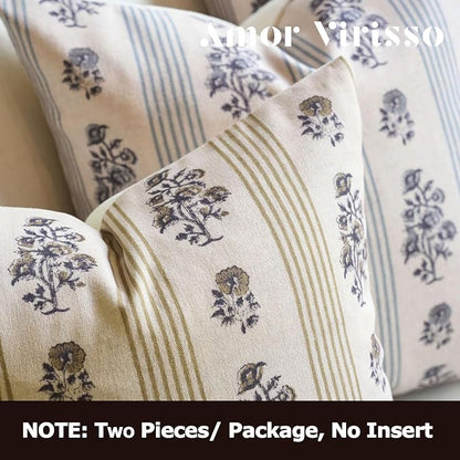 Amor Virisso Floral Throw Pillow Covers 24x24 Set of 2 Block Print Pillow Covers Neutral Floral Striped Farmhouse Decorative Pillow Covers for Sofa Couch Bed, Yellow