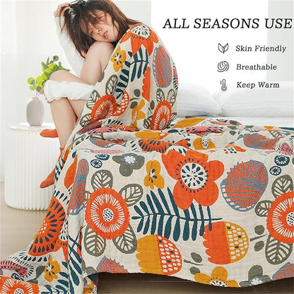 Boho Throw Blanket 60''x80'' for Bed Couch, Floral Muslin Bed Blankets Boho Quilt Travel Mexican 100% Cotton Super Soft Fall Blanket Picnic Blankets