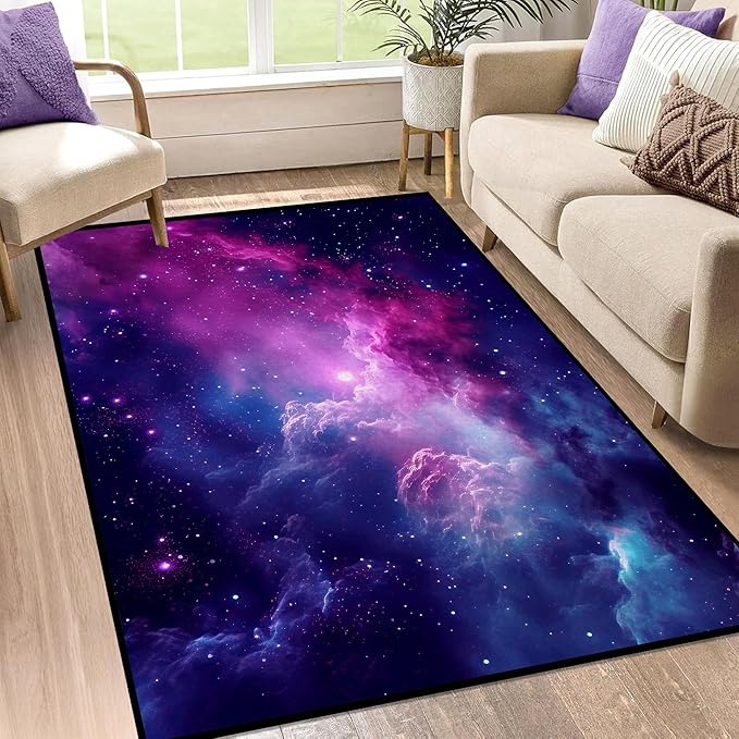 Purple Galaxy Rug Space Rugs Colorful Throw Rug Non-Slip Sun and Cloud Carpet Doormats for Living Room Bedroom Apartment Dorm Floor Mat 47 in X 31 in