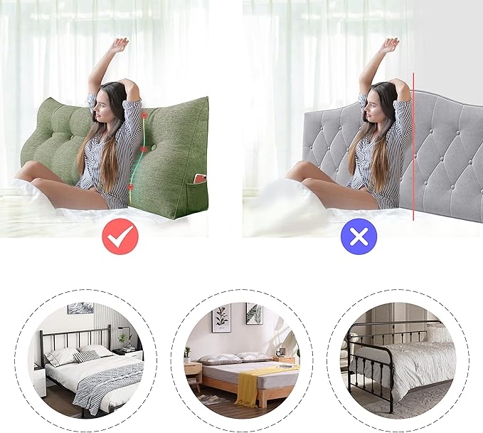 Wedge Headboard Pillow Dorm Room Reading Pillow Back Support for Sitting Up in Bed Bolster Lumbar Cushion Body Positioning Bedrest Cotton Linen 39in Grass Green Twin