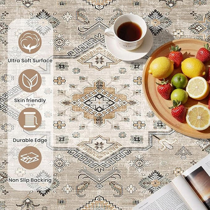 Vintage Living Room Area Rug 3x5 - Large Soft Washable Oriental Traditional Distressed Farmhouse Rugs for Bedroom - Indoor Floor Accent Carpet for Home Office House Decor - Beige