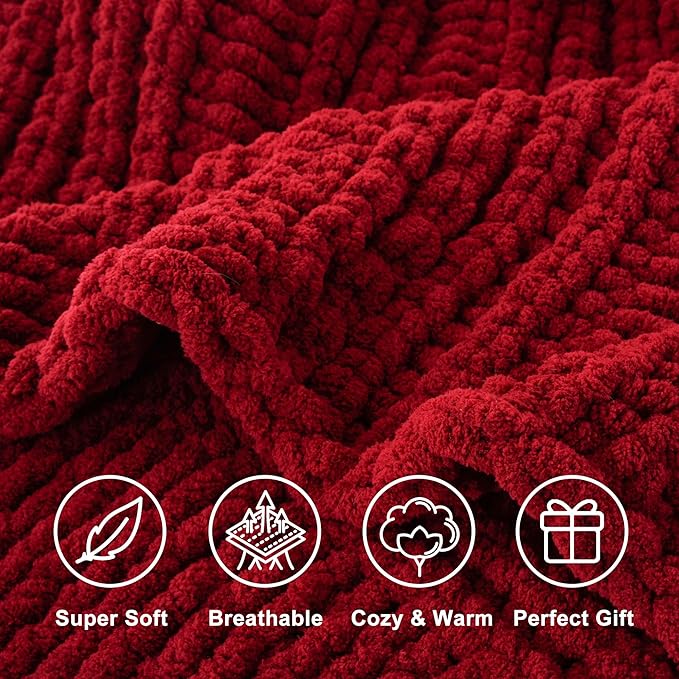 Battilo Dark Red Chunky Knit Throw Blanket, Christmas Red Throw Blanket for Couch, Super Soft Cozy Warm Blankets, Burgundy Chenille Throw Blanket for Living Room, Christmas Decorations, 50"x60"