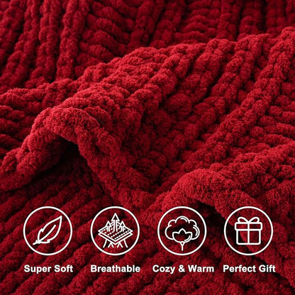 Battilo Dark Red Chunky Knit Throw Blanket, Christmas Red Throw Blanket for Couch, Super Soft Cozy Warm Blankets, Burgundy Chenille Throw Blanket for Living Room, Christmas Decorations, 50"x60"