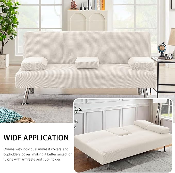 H.VERSAILTEX 4 Pieces Stretch Futon Covers Sofa Bed Slipcover with Removable Armrests and Cupholders Covers Furniture Protector High Spandex Small Checks Jacquard Fabric, Ivory