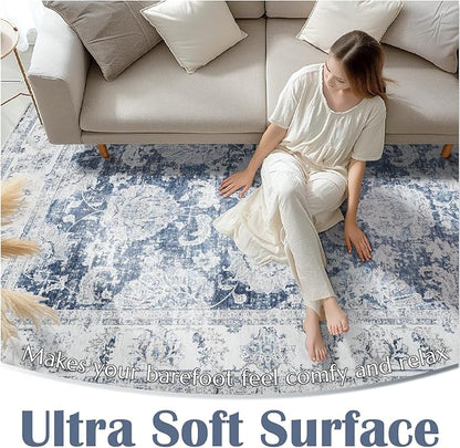 jinchan Fiora Hallway Runner Rug 3x10 Washable Runner - Vintage Floral Non Slip Low-Pile Soft Thin Faux Wool Kitchen Rug Distressed Carpet for Farmhouse Bedroom Laundry Room(3x10ft,Dark Blue)
