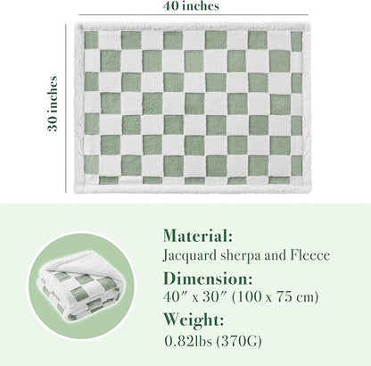 Checkered Dog Blanket, Sage Green Jacquard Sherpa Blankets for Small Dog and Cats, Cute Aesthetic Style Fluffy Fleece Pets Blanket for Couch Protection Washable, 30"x40"