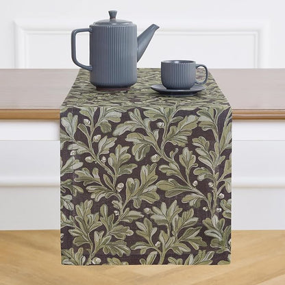 Solino Home 100% Pure Linen Table Runner 120 Inches Long - Floral Print Green and Brown Table Runner 14 x 120 Inch - Handcrafted and Machine Washable - Fallen Leaves Print