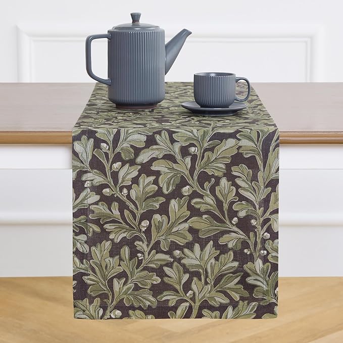 Solino Home 100% Pure Linen Table Runner 132 Inches Long - Floral Print Green and Brown Table Runner 14 x 132 Inch - Handcrafted and Machine Washable - Fallen Leaves Print