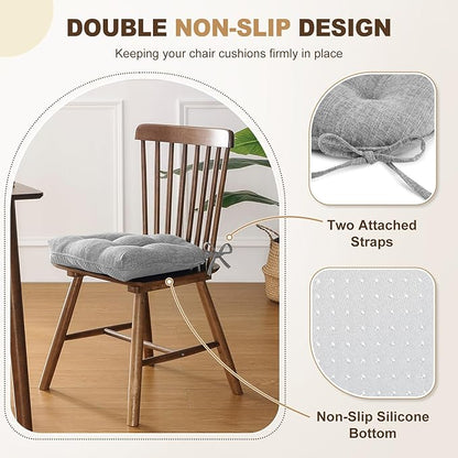 downluxe Indoor Chair Cushions for Dining Chairs, Tufted Overstuffed Textured Memory Foam Kitchen Chair Pads with Ties and Non-Slip Backing, 15.5" x 15.5" x 4", Light Grey, 4 Pack