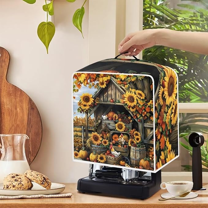 Coffee Maker Cover For Kitchen With Top Handle Waterproof Dust Appliance Cover Suitable For Most Coffee Machine Models Sunflower Chicken Coop Pattern