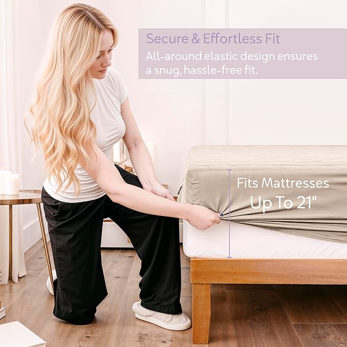 Hearth & Harbor 2 Pack Queen Size Quilted Fitted Mattress Pad Cover, 100% Waterproof Mattress Protectors, Deep Pocket Fitted Mattress Cover 8" - 21" (60" x 80", Beige Cream)