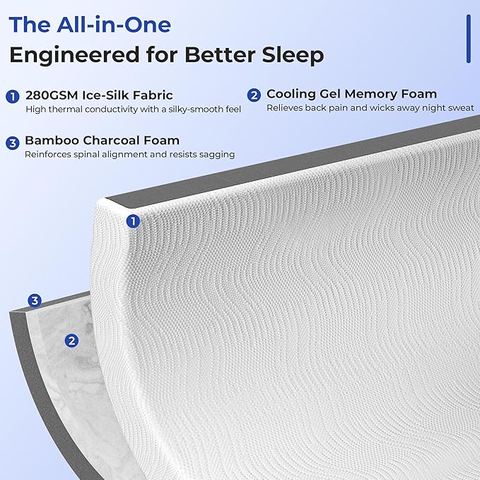 Cooling Mattress Topper King Size 3 Inch, Cooling Gel & Bamboo Charcoal Memory Foam Mattress Topper for Back Pain Relief, Firm Dual-Layer Foam Bed Pad with Removable Cover