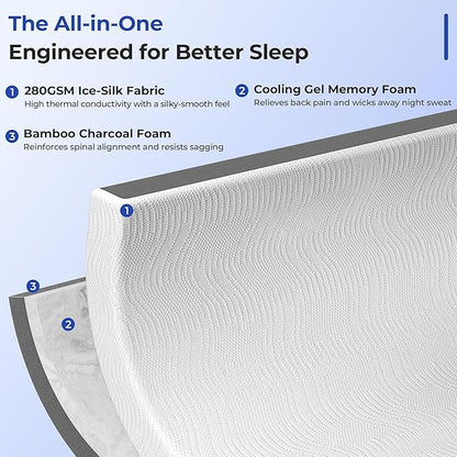 Cooling Mattress Topper Twin XL Size 3 Inch, Cooling Gel & Bamboo Charcoal Memory Foam Mattress Topper for Back Pain Relief, Firm Dual-Layer Foam Bed Pad with Removable Cover College Dorm