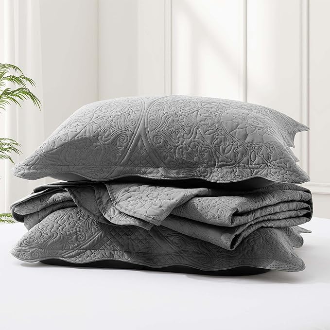 IR Imperial Rooms 10 Pack Queen Quilt Bedding Set (90" x 96") - Bulk Wholesale for Hotels, Guest Bedroom & Airbnbs - Lightweight Microfiber Reversible Floral Embossed Quilts Bedspreads (Grey)