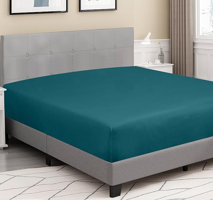 ROYALE LINENS 300 Thread Count 100% Long Staple Combed Cotton Fitted Sheet California King - Super Soft Deep Pocket Bottom Sheet - Fitted Sheets Only - Elastic Sheets (Cal King, Teal)