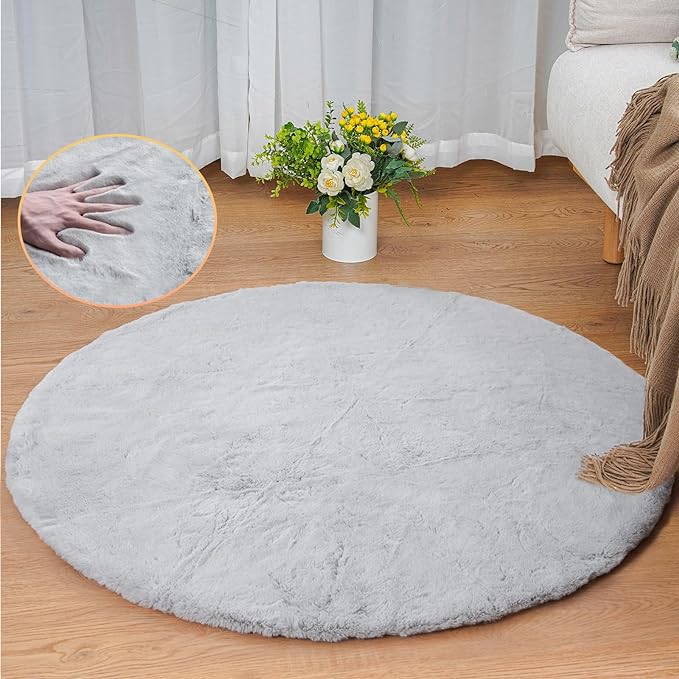 Grey Round Rug 3ft Machine Washable Shaggy Area Rugs for Living Room Faux Bunny Fluffy Fur Rug for Bedroom Small Circle Nursery Rug