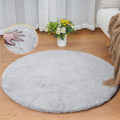 Grey Round Rug 3ft Machine Washable Shaggy Area Rugs for Living Room Faux Bunny Fluffy Fur Rug for Bedroom Small Circle Nursery Rug