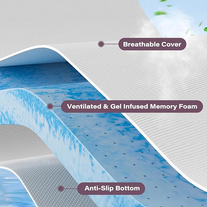 2 Inch Memory Foam Mattress Topper Queen Size with Removable Soft Cover Ventilated Breathable Cooling Mattress Pad Bed Topper for Back Pain and Pressure Relief, CertiPUR-US Certified