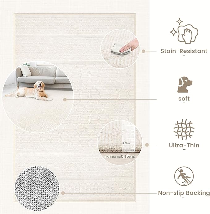 5x7 Area Rug Living Room: Washable Boho Geometric Moroccan Rug Neutral Modern Farmhouse Indoor Soft Non Slip Ultra Thin Printed Pattern Carpet for Dining Room Bedroom Nursery Home (Beige, 5'x7')