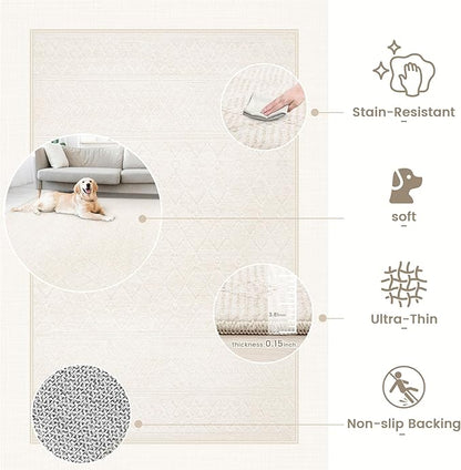 5x7 Area Rug Living Room: Washable Boho Geometric Moroccan Rug Neutral Modern Farmhouse Indoor Soft Non Slip Ultra Thin Printed Pattern Carpet for Dining Room Bedroom Nursery Home (Beige, 5'x7')
