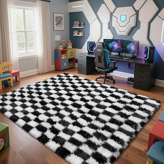 Checkered Rug for Bedroom, 5x8 Black and White Area Rugs, Classic Checkered Carpets Shaggy Area Rug, Bedside Rugs for Living Room Bedroom Kids Room Home Decor
