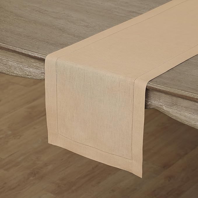 Solino Home Linen Hemstitch Table Runner 60 Inches - 100% Pure Linen Beige Table Runner 14 x 60 Inch Ideal for Dresser and Coffee Tables - Christmas, New Year - Classic Hemstitch