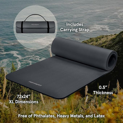 Retrospec Solana Yoga Mat Thick 1/2in Non-Slip Workout Mat with Nylon Strap - 72x24in Exercise Mat for Pilates, Stretching & Fitness - BPA Free, Easy Clean