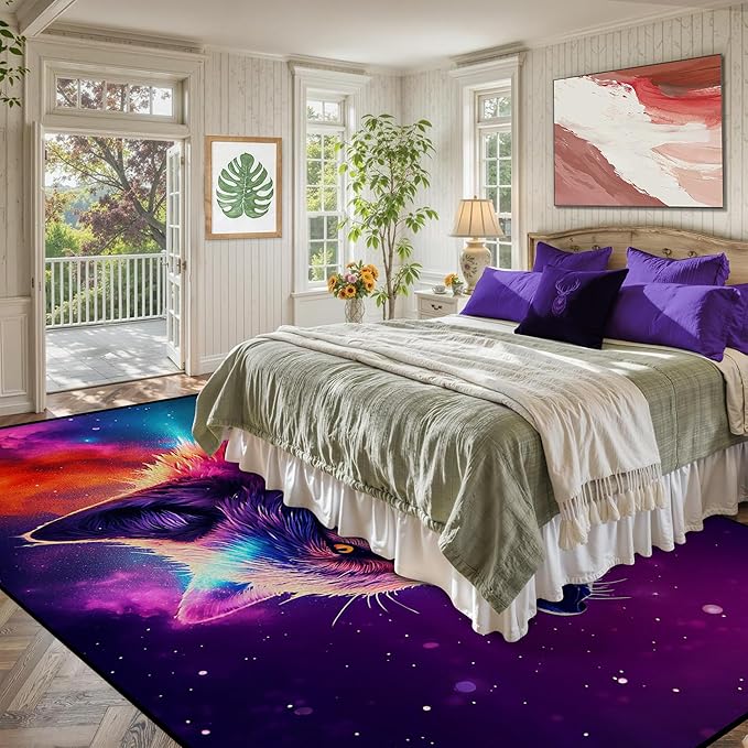 6' x 9' Galaxy Wolf Rug Large 3D Fierce Wolves Space Area Rugs for Bedroom Living Room Playroom Gameroom Boys Kids Colorful Glitter Throw Rugs Floor Mat Carpet,180 X 275cm