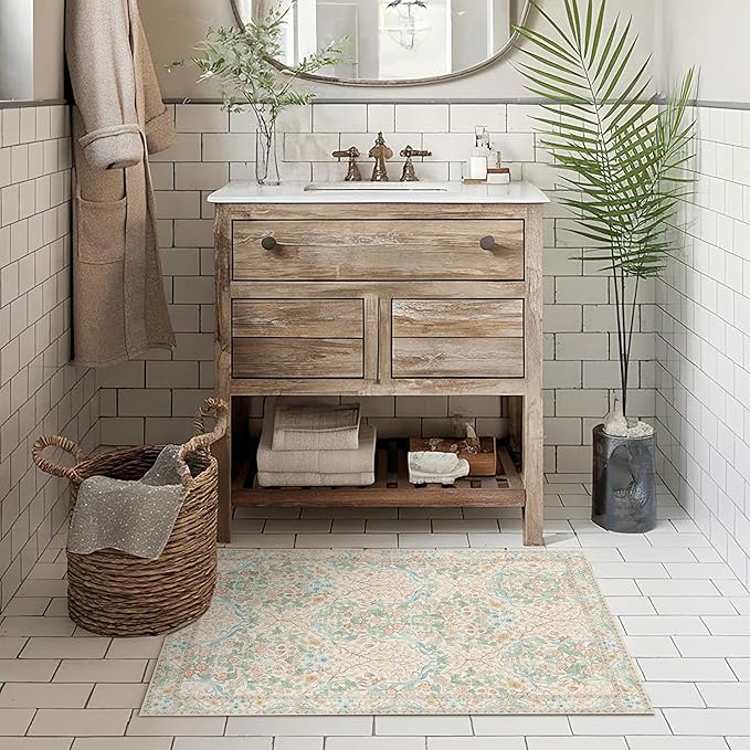 MUJOO 2x3 Washable Rug,Floral Small Area Rugs for Bathroom Entryway Entry Bedroom Bedside,Boho Front Door Mat Indoor Entrance Throw Carpet Neutral Vintage Non Slip Ultra-Thin Light Green and Beige