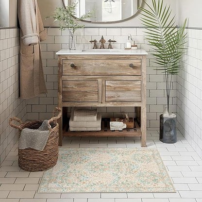 MUJOO 2x3 Washable Rug,Floral Small Area Rugs for Bathroom Entryway Entry Bedroom Bedside,Boho Front Door Mat Indoor Entrance Throw Carpet Neutral Vintage Non Slip Ultra-Thin Light Green and Beige