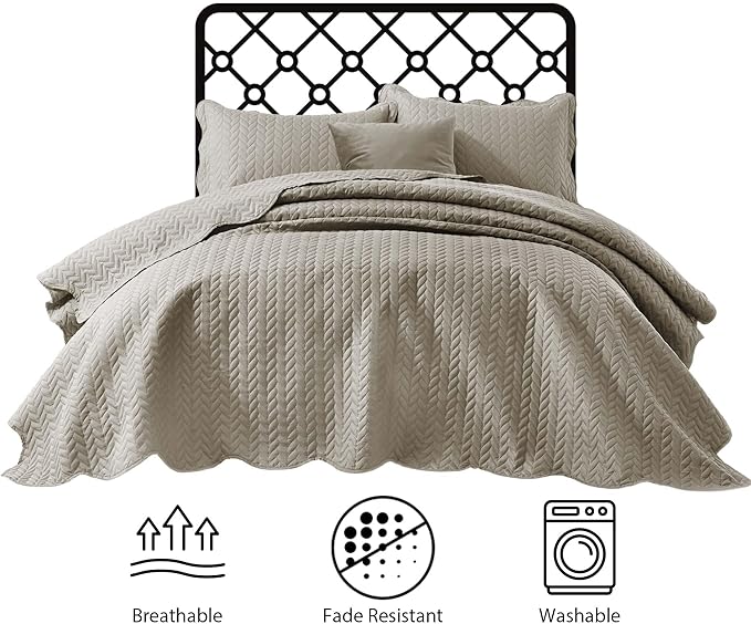 IR Imperial Rooms California King Quilt Bedding Set Size (118"x106") + 2 Pillow Shams (20" x 36"+ 2") - 3 Pcs All Season Reversible Microfiber Coverlet Embossed Quilt Bedspread (Beige)