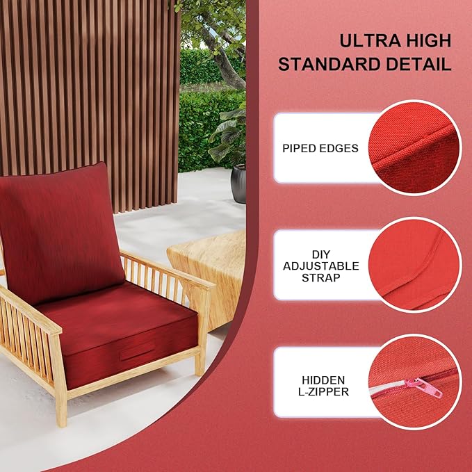 Outdoor 24''x 24''x 6'' Olefin Water-Resistant Deep Seat Cushion Set, Weather and Fade Resistant Patio Furniture Seat Cushion, Thickened Sofa Chair Pad with Straps for Lawn, Garden, Red