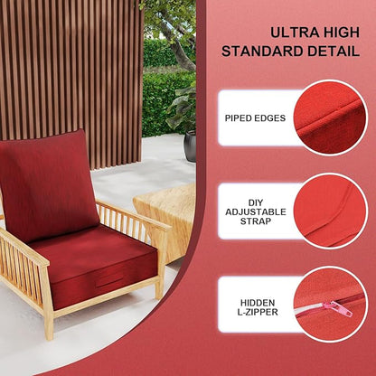 Outdoor 24''x 24''x 6'' Olefin Water-Resistant Deep Seat Cushion Set, Weather and Fade Resistant Patio Furniture Seat Cushion, Thickened Sofa Chair Pad with Straps for Lawn, Garden, Red