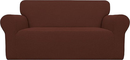 Easy-Going Stretch Loveseat Slipcover 1-Piece Sofa Cover Furniture Protector Couch Soft with Elastic Bottom for Kids Polyester Spandex Jacquard Fabric Small Checks (Loveseat, Coffee)