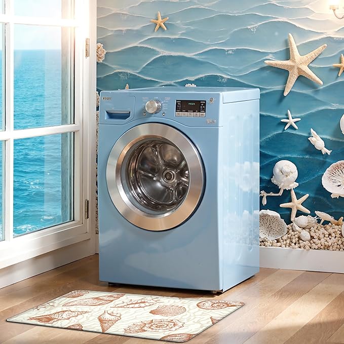 Kitchen Mats for Floor Cushioned Anti Fatigue Sets of 2 Beach Theme Kitchen Rugs Non Slip Waterproof Coastal Foam Kitchen Floor Rug Nautical Coral Seashell Comfort Standing Mat For Sink Laundry, Coral