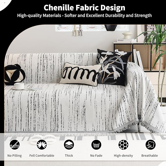 Chenille Couch Cover Pet Friendly, Sofa Cover Washable, Reversible Sofa Slipcover for Sectional Sofa, Loveseat, 2 or 3 Cushion Couch, Corner Sofa, Futon Cover (71" X 102", White)