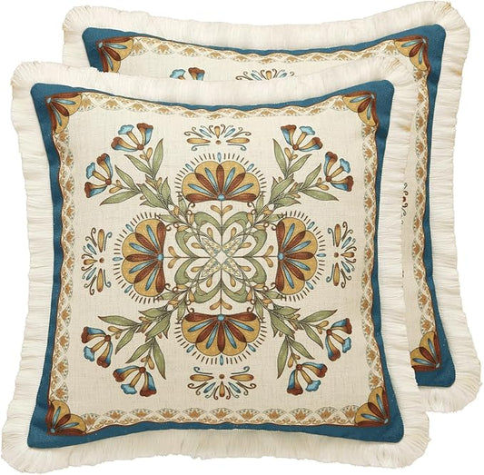 patdrea Designer Square Throw Pillow Covers Set of 2,French Vintage Blue Farmhouse Linen Floral Pattern Pillow Cover,Decorative Pillowcases Cushion for Bed Living Room Outdoor Car,18"x18"