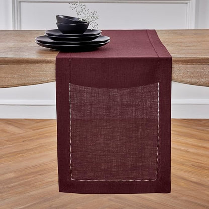Solino Home Linen Burgundy Table Runner 144 Inches Long - 100% Pure Linen Extra Long Table Runner 14 x 144 Inch for Christmas, Holiday, Winter, New Year - Classic Hemstitch