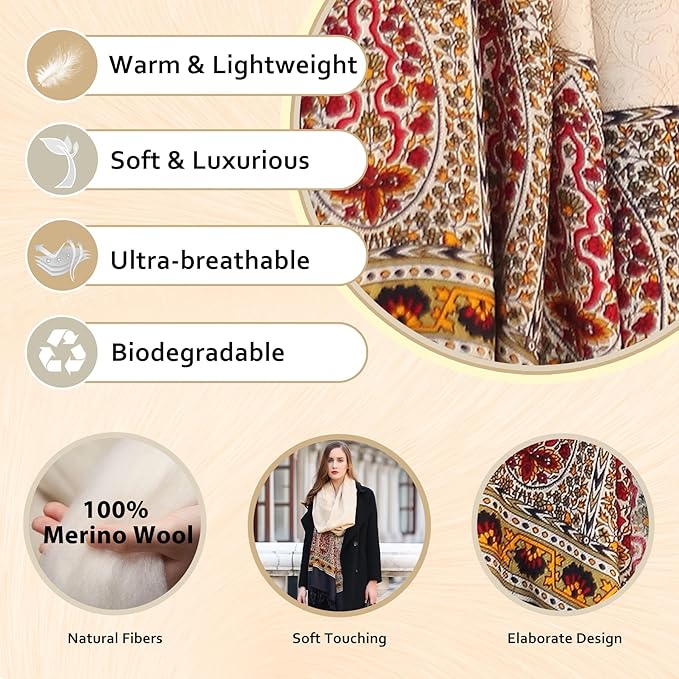 DANA XU 100% Merino Wool Extra Large Pashmina Blanket Travel Scarf Cashmere Wrap for Women Fall Winter Oversize Shawl Floral