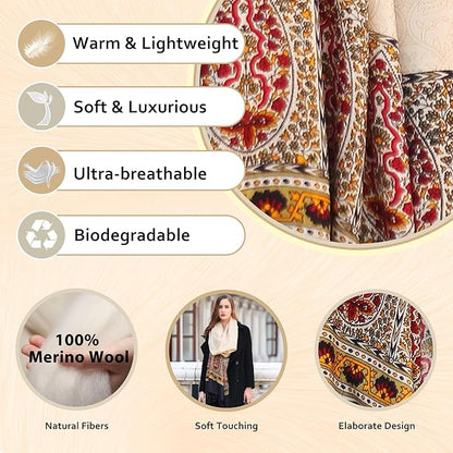 DANA XU 100% Merino Wool Extra Large Pashmina Blanket Travel Scarf Cashmere Wrap for Women Fall Winter Oversize Shawl Floral