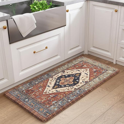 KIMODE Anti Fatigue Mat for Kitchen Floor, Boho Oriental Kitchen Rug, Non Slip Waterproof Kitchen Floor Mat, Vintage Kitchen Mat for Floor, Laundry, Office, Sink, Desk Red 20"x39"
