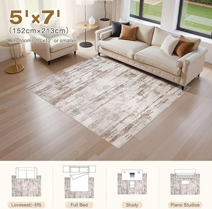 Abstract Living Room Rug 5x7 - Modern Washable Soft Thin Area Rug for Living Room Bedroom Under Dining Table - Neutral Indoor Floor Rug Carpets for Home Office Playroom Nursery - Light Brown