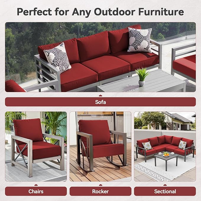 Luxury 6" Outdoor Cushions for Patio Furniture, 24x24x6" Thick Seat Cushion Set of 2, Fade Resistant Couch Chair Replacement Cushions High Density Deep Wicker Chair Cushion w/ Removable Cover, Red